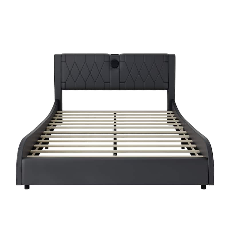 Queen Size Luxurious Faux Leather Upholstered Platform Bed with Thickened Headboard, Bluetooth Speakers and RGB LED Light