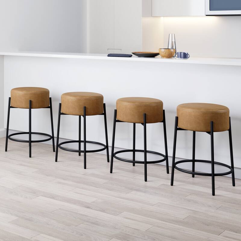 Isaac Modern Backless Metal Round Bar Stool with Boucle Padded Seat and Metal Base