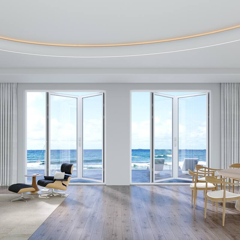 KaMic Elite-Fold 72" x 96" 2-Panel Aluminum Folding Door in White with Hidden Hinges & Rollers, Folded Out From Right To Left