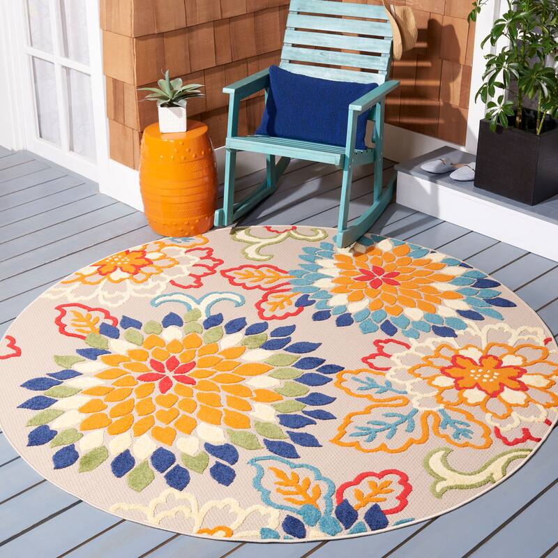 SAFAVIEH Cabana Gulzada Indoor/ Outdoor Waterproof Patio Floral Rug - 5'3" Round - Ivory/Orange