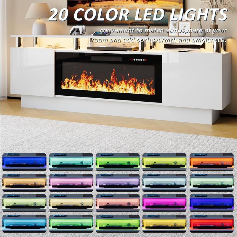 BOSSIN 70" Modern Electric Fireplace TV Stand, with Electronic Flame and LED Lights, High Gloss Finish Entertainment Center