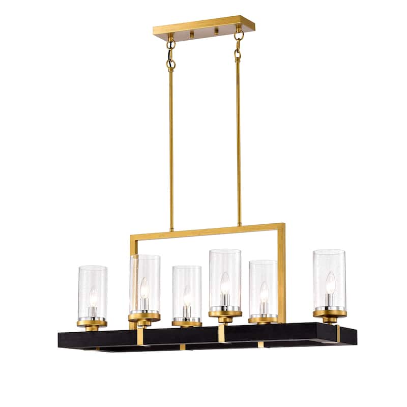 Wood and Metal 6-light Linear Chandelier with Seeded Glass Shades Gold / Black
