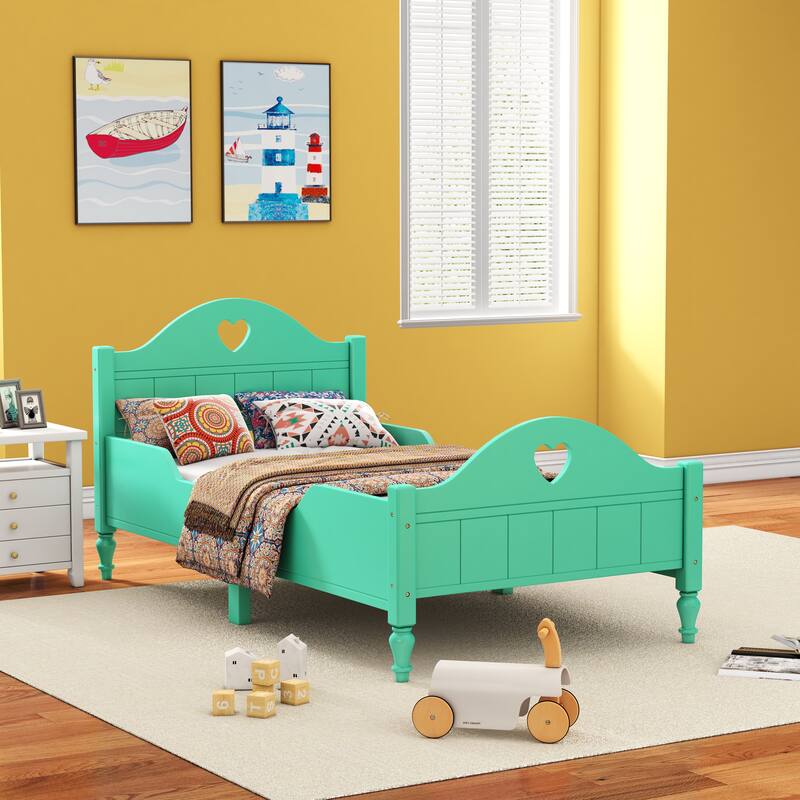 Green Macaron Twin Size Toddler Bed w/ Side Safety Rails, Headboard