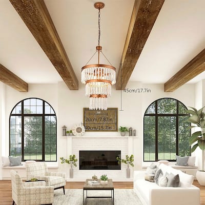 5-Light Farmhouse Wood Bead Chandelier Adjustable Gold Ceiling Lamp - 17.7" x 15.7"