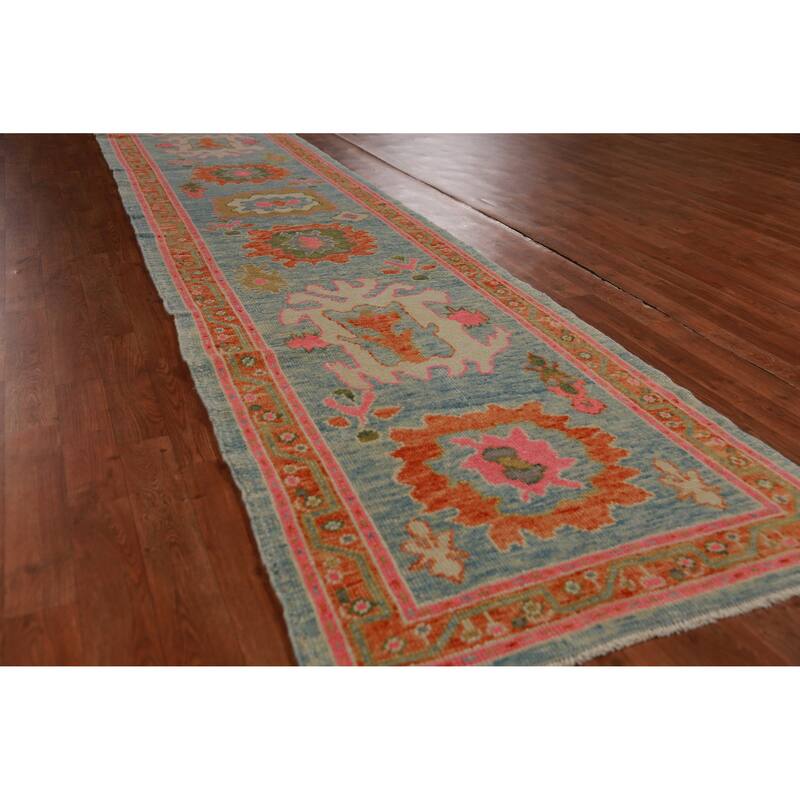 Hand Knotted Oriental 100% Wool Carpet Transitional Floral Navy Blue & Blues Oushak Runner Rug - 12' 8'' X 2' 11''