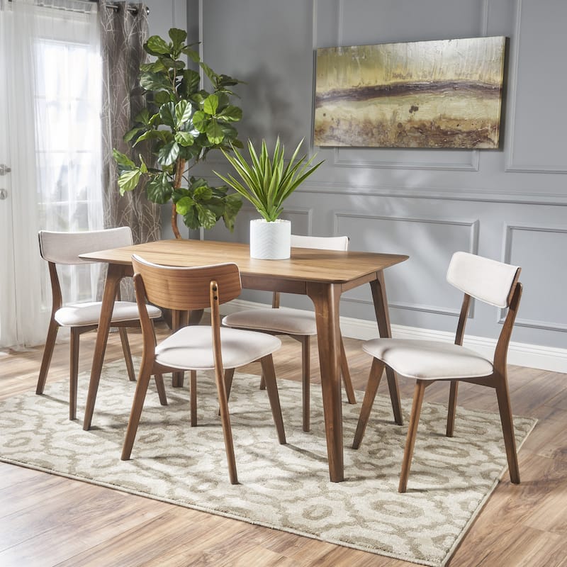 Christopher Knight Home - Megann Mid-Century Modern 5-Piece Rectangular Wood Dining Set with Upholstered Chairs - Natural Walnut + Light Beige