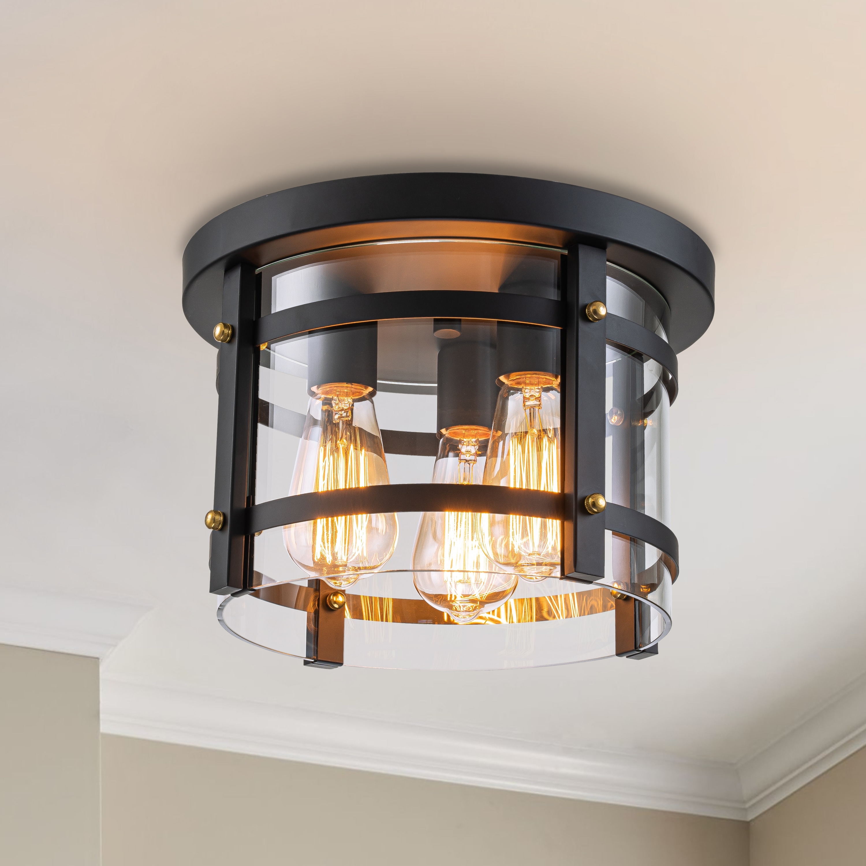 C Cattleya 3 Light Black Flush Mount Ceiling Light with Gold Accent and Clear Glass Shade