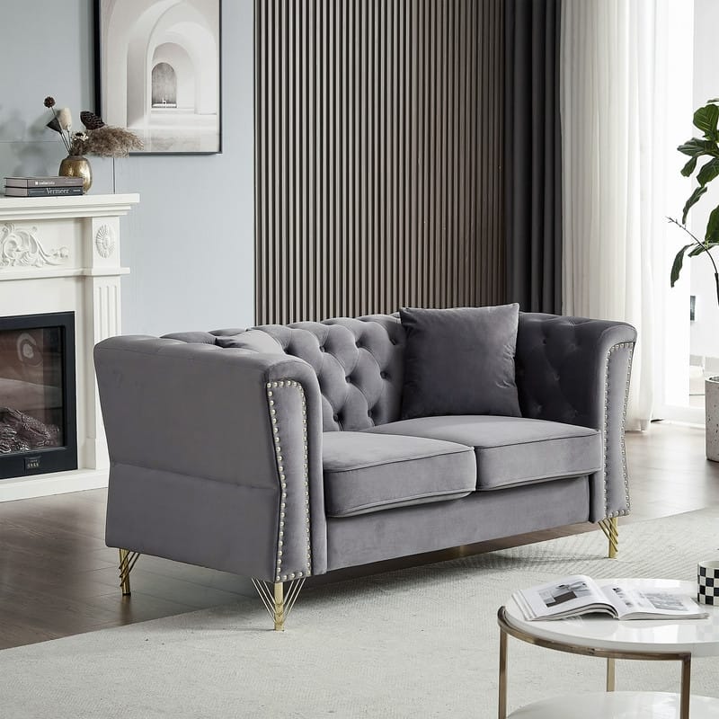 Modern Living Room Chesterfield Sofa,Tufted Couch with Metal Foot and Nailhead,Two Pillows