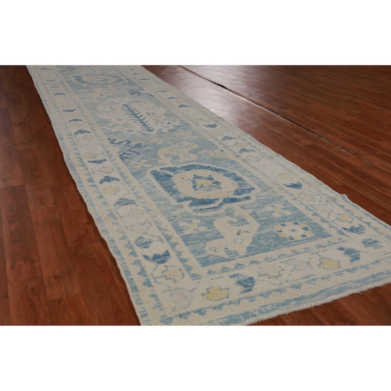 Hand Knotted Oriental 100% Wool Carpet Transitional Geometric Navy Blue & Blues Oushak Runner Rug - 12' 10'' X 3' 0''