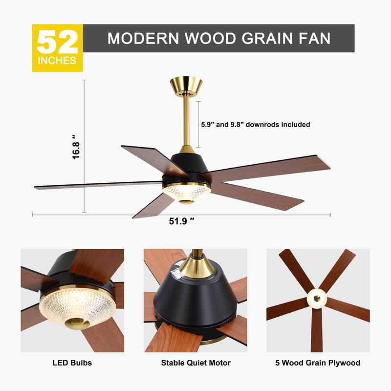 Oaks Aura 52" LED Dimmable Ceiling Fan,Modern Black Reversible Blades Fan Light,6 Speeds Quiet DC Motor with Remote for Indoor