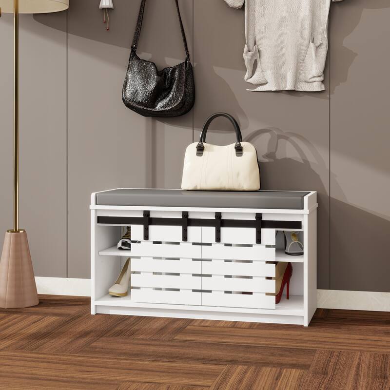 Modern Shoe Storage Bench, 2-Tier Entryway Bench with 2 Sliding Barn Doors & Full Soft Removable Seat Cushion