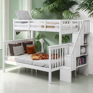 Twin-Over-Full Bunk Bed with Storage and Guardrail, White