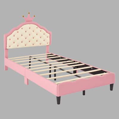 Dreamy Pink Princess Bed with Crown Headboard, Tufted Design, Twin/Full Size