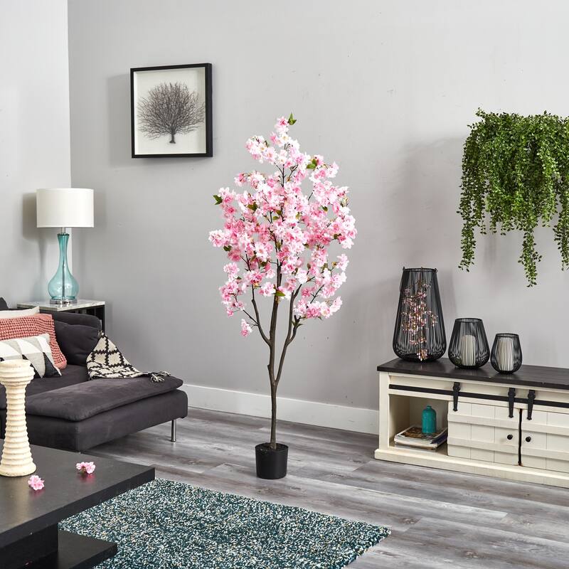 6' Pink Cherry Blossom Artificial Tree in Black Nursery Pot