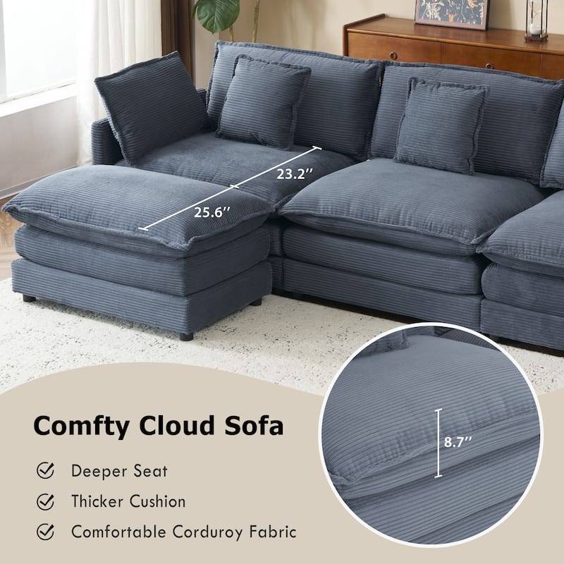 112.6" Corduroy L-Shaped Sectional Sofa with Ottoman and Storage Pockets