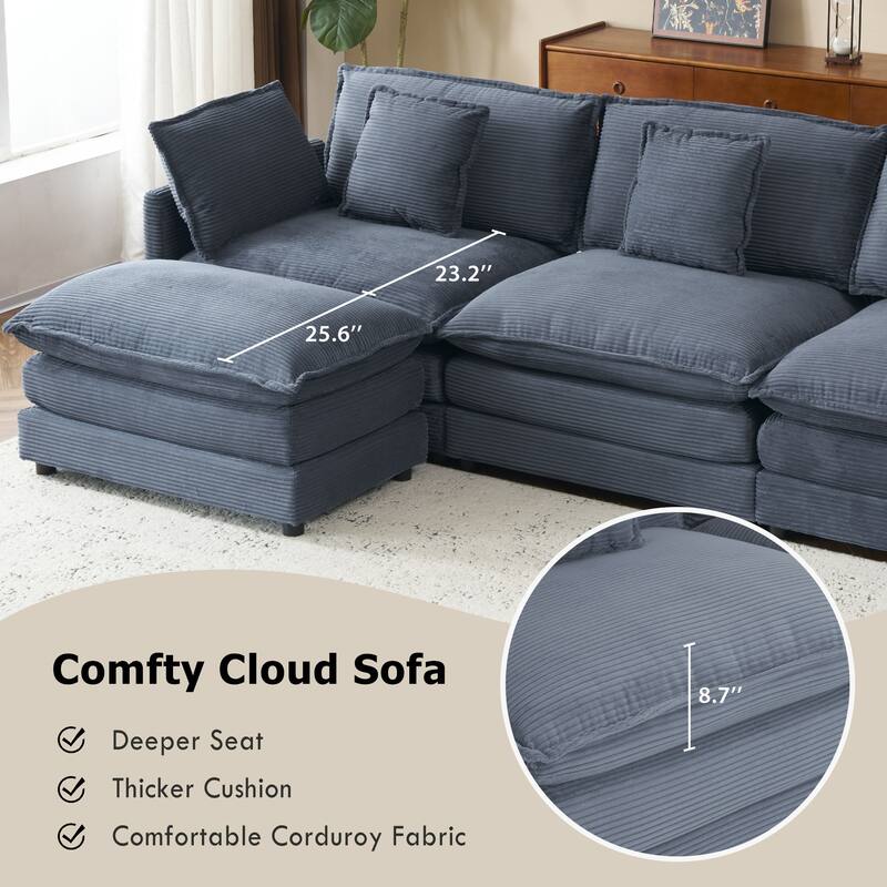 Sectional Sofa with Movable Ottoman Corduroy L-Shaped Upholstered Deep Seat Couch with Lumbar Pillows and Side Pockets
