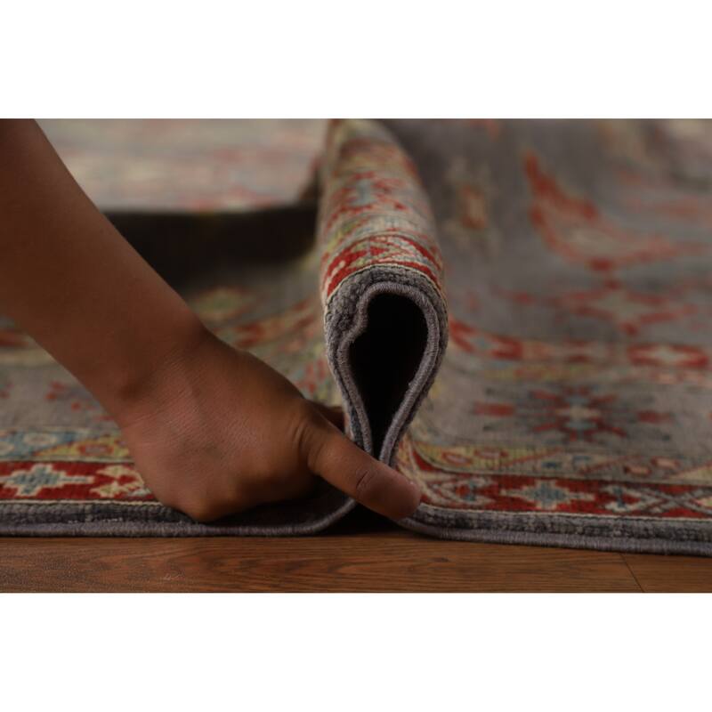 Hand Knotted Oriental 100% Wool Carpet Traditional Geometric Greys & Charcoal Kazak Area Rug - 9' 10'' X 8' 2''