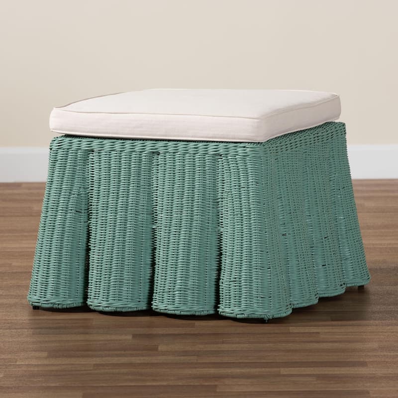 Palm Scallop Natural Rattan Ottoman with Cushion – Handwoven Wicker Accent Bench or Footrest for Living Room or Sunroom, Square