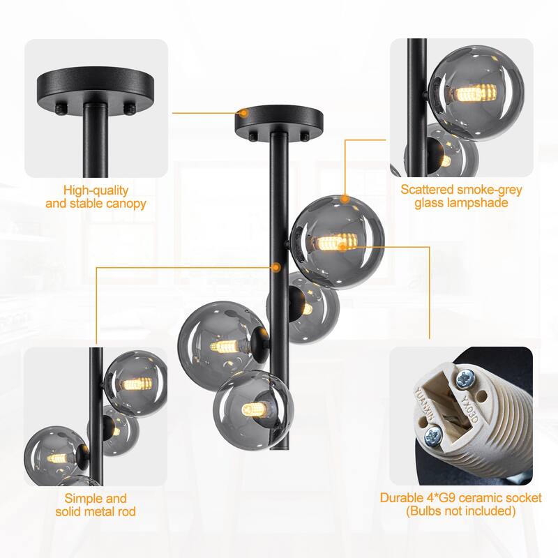 8 Lights Modern Semi-Flush Mount Ceiling Light Smoky Gray Glass Globe