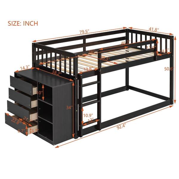 dimension image slide 1 of 6, Wooden Floor Bunk Bed Frame with Storage Drawers, 3 Shelves, Full-length Guardrail and Reversible Ladder for Kids, Teens