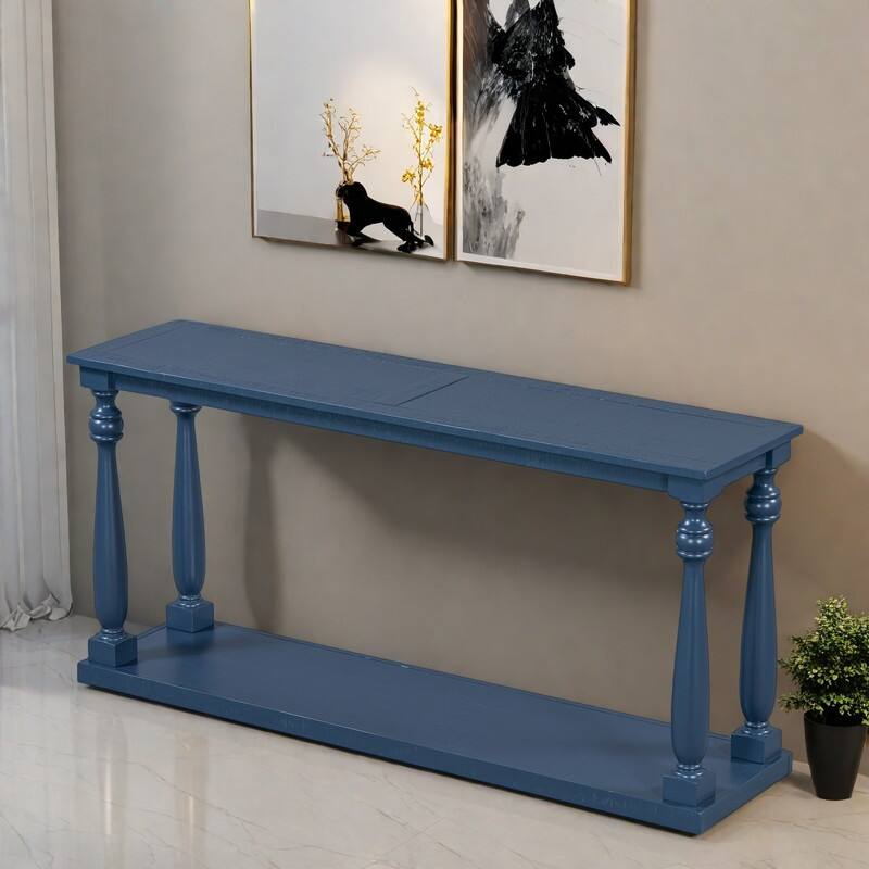 63" Pine Vintage Wood Grain Console Table - Sculptural Vase Legs & Lower Shelf - Navy Blue