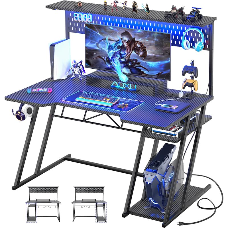 Gaming Desk with Hutch and LED Lights, Computer Table with Storage Shelves