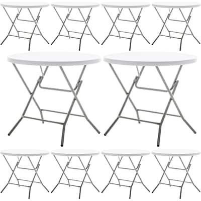 BTEXPERT White 2.63 Foot Round Plastic Folding 30" Height Portable for Dining Wedding Party Event Home Indoor Outdoor Set of 10