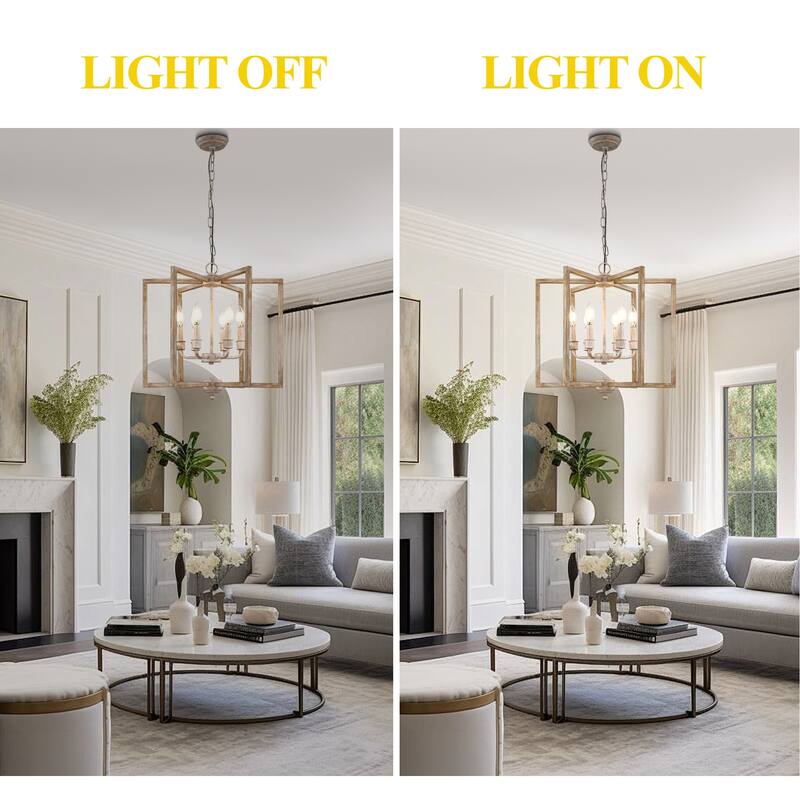 Oaks Aura Wooden Chandelier,Rectangular Frame Pendant Light,Farmhouse Hanging Lamp,Height Adjustable for Living Room,Dining Room