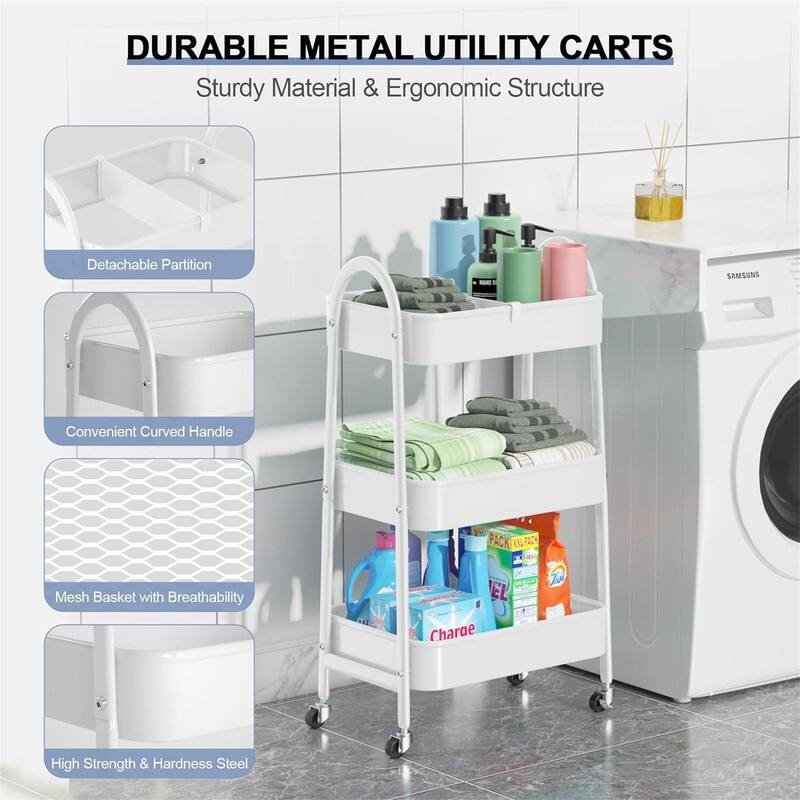 3 Tier Utility Rolling Cart - 15.94"D x 12.4"W x 30.51"H