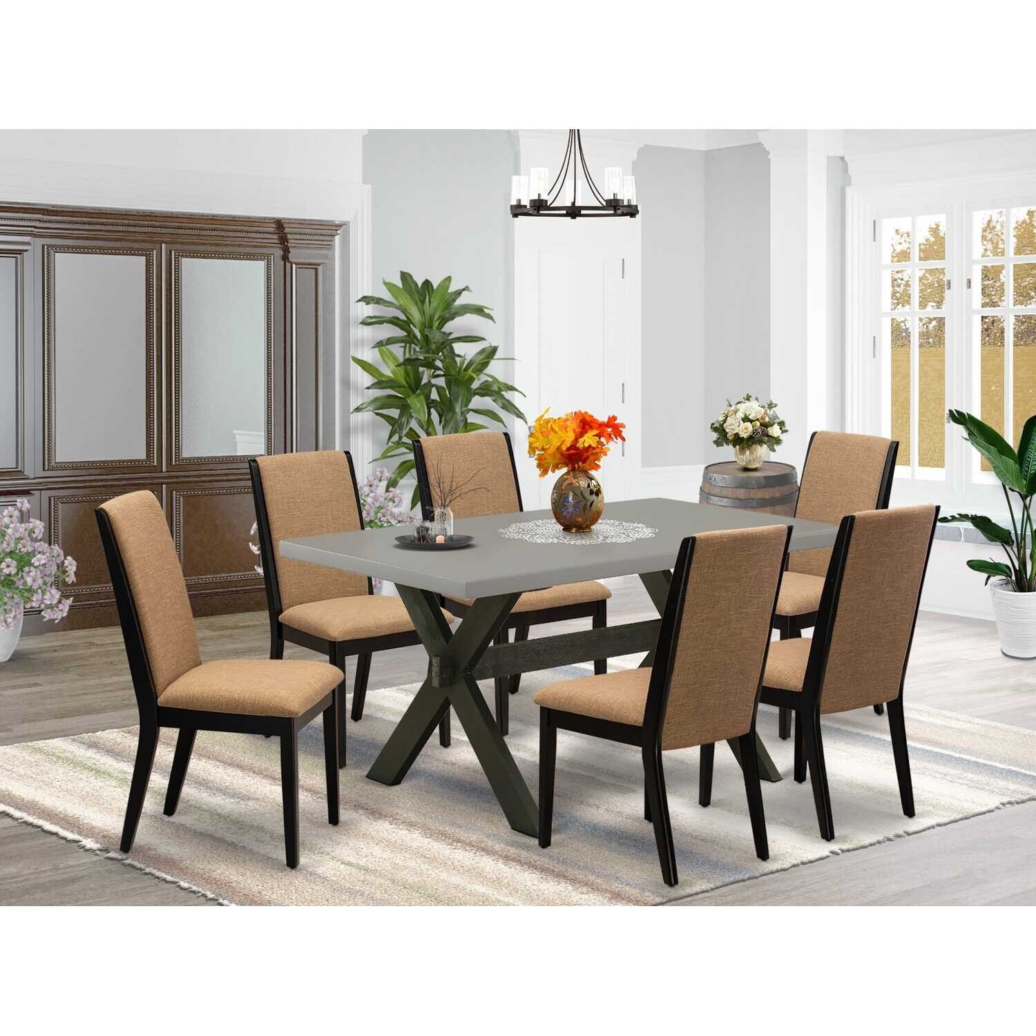 HomeStock 7-Piece Natural Oak Finish Solid Wood Top Dining Table with 6-Chairs