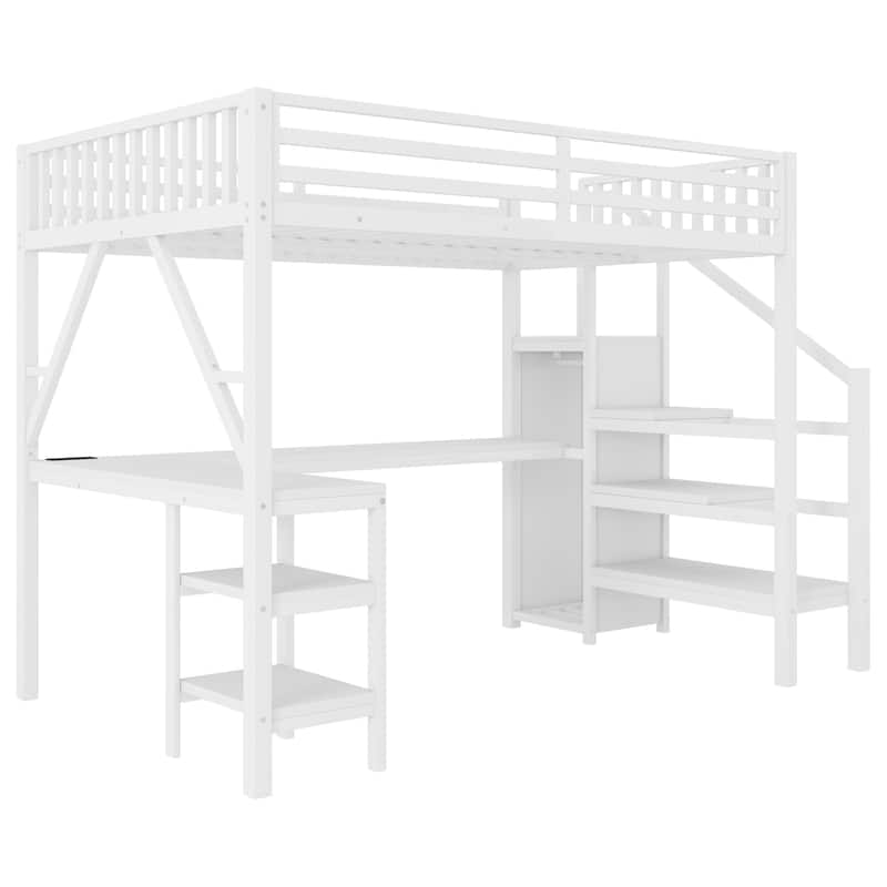 Metal Full Loft Bed with Wardrobe and LED Light, Full Size Loft Bed with L Shaped Desk and USB for Kids Teens Adults