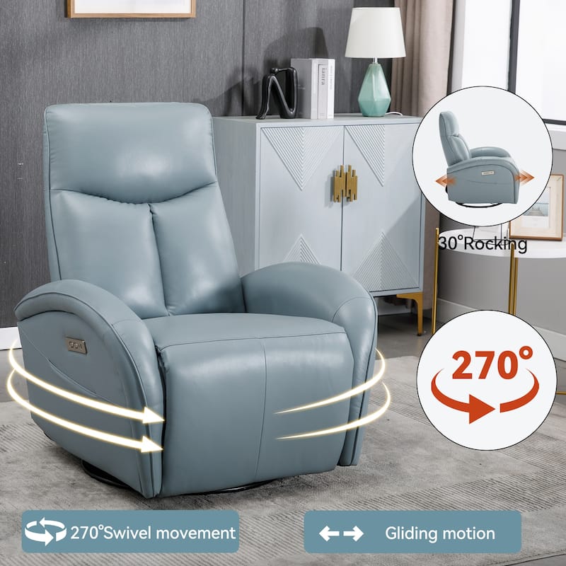 Genuine Leather Power Recliner Chair, 270° Swivel Rocker, USB, Type-C - Blue