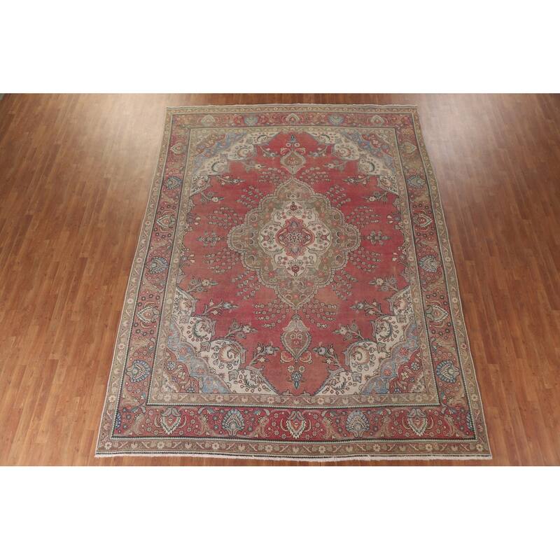 Hand Knotted Oriental 100% Wool Carpet Traditional Floral Pink Tabriz Area Rug - 12' 10'' X 9' 7''