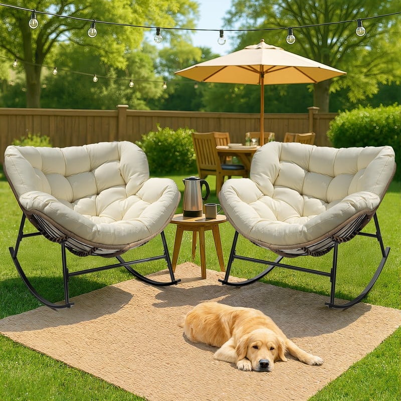 FINCATI Outdoor Royal Rocking Papasan Chair, Luxury Cozy Outdoor Rocking Chair, 450 lbs Indoor Extra Large Recliner Chair