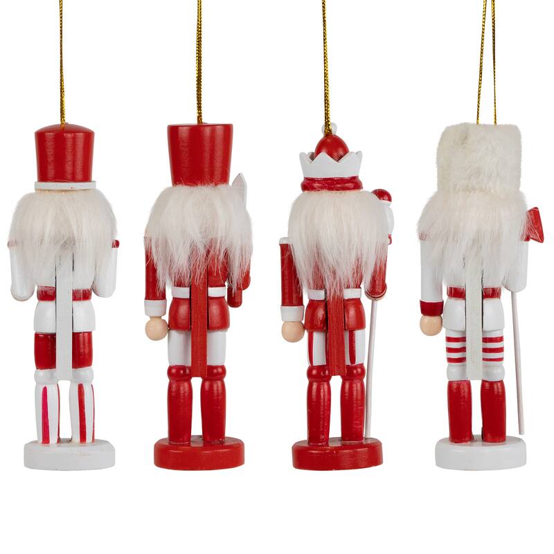Nutcracker Soldiers Wooden Christmas Ornaments - 5" - Red and White - Set of 4