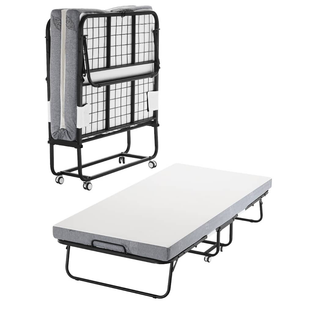 Rollaway Folding Bed with 4 Inch Foam White Mattress and Black Sturdy Steel Frame Perfect for Dorm or Guest