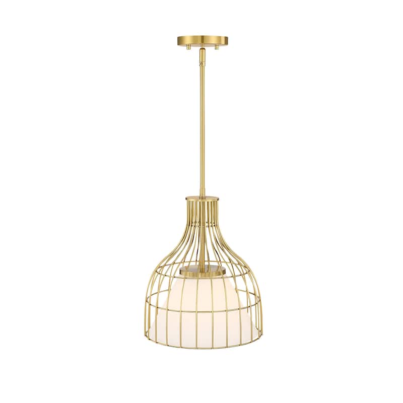Evensong 60 Watt 1-Light Brushed Gold Bell Pendant with Etched Opal Glass Shade and Metal Outer Cage - 14.75