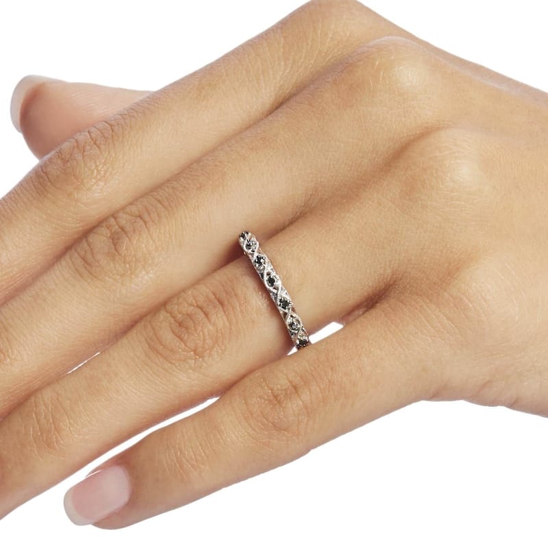 Miadora 10k White Gold 1/8ct TDW Black Diamond Stackable Wedding Band Ring