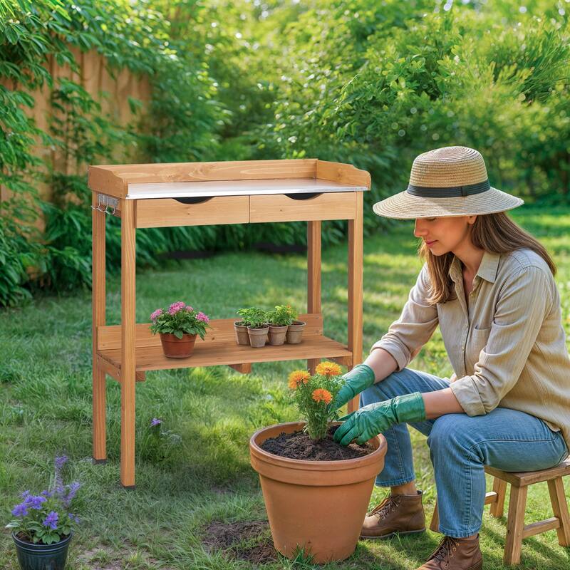Natural Wood Potting Bench with Metal Top and 2 Drawers Lower Shelf and Hooks for Gardening - 29.8” x 14.6” x 36.4”