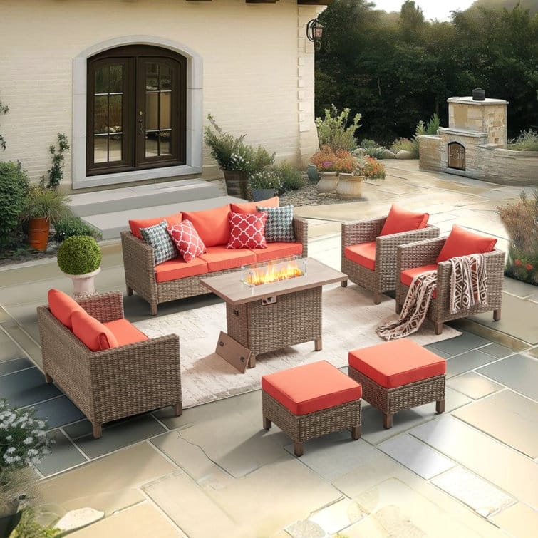 9 - Person Outdoor Wicker Patio Conversation Furniture Set With Fire Pit Table