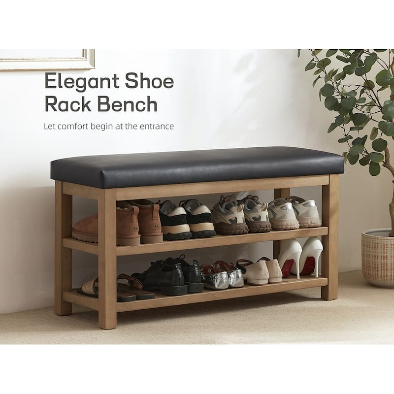 HUIMO Multi-Functional Solid Wood Bench with Storage Shelves 46in/39in/31in - 31in - PU-BLACK