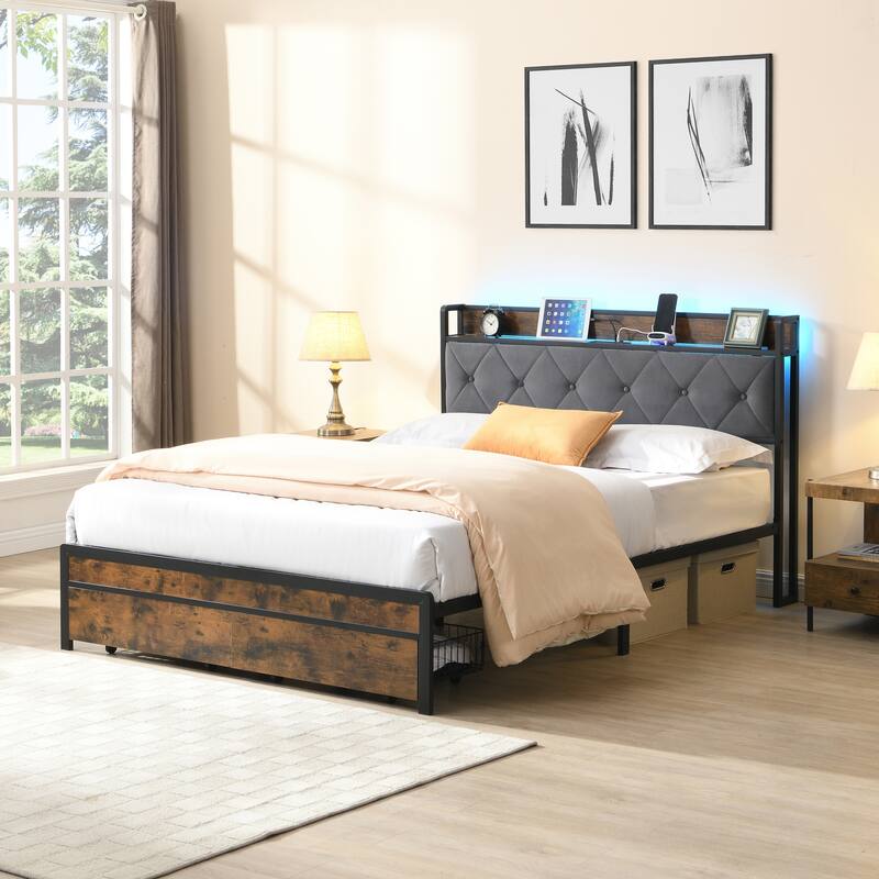 Full Bed Frame with LED Lights, Upholstered Headboard, Storage Drawers, USB Charging Station, Grey - Brown+Gray - Full