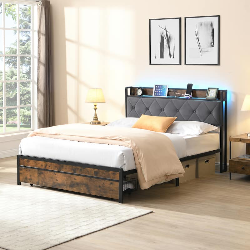 King Bed Frame with LED Lights, Upholstered Headboard, 2 Drawers, USB Charging, No Box Spring Needed, Grey - Brown+Gray