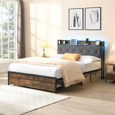 King Bed Frame with Storage,Bed Frame with LED Lights Upholstered Headboard and 2 Drawers,No Box Spring Needed