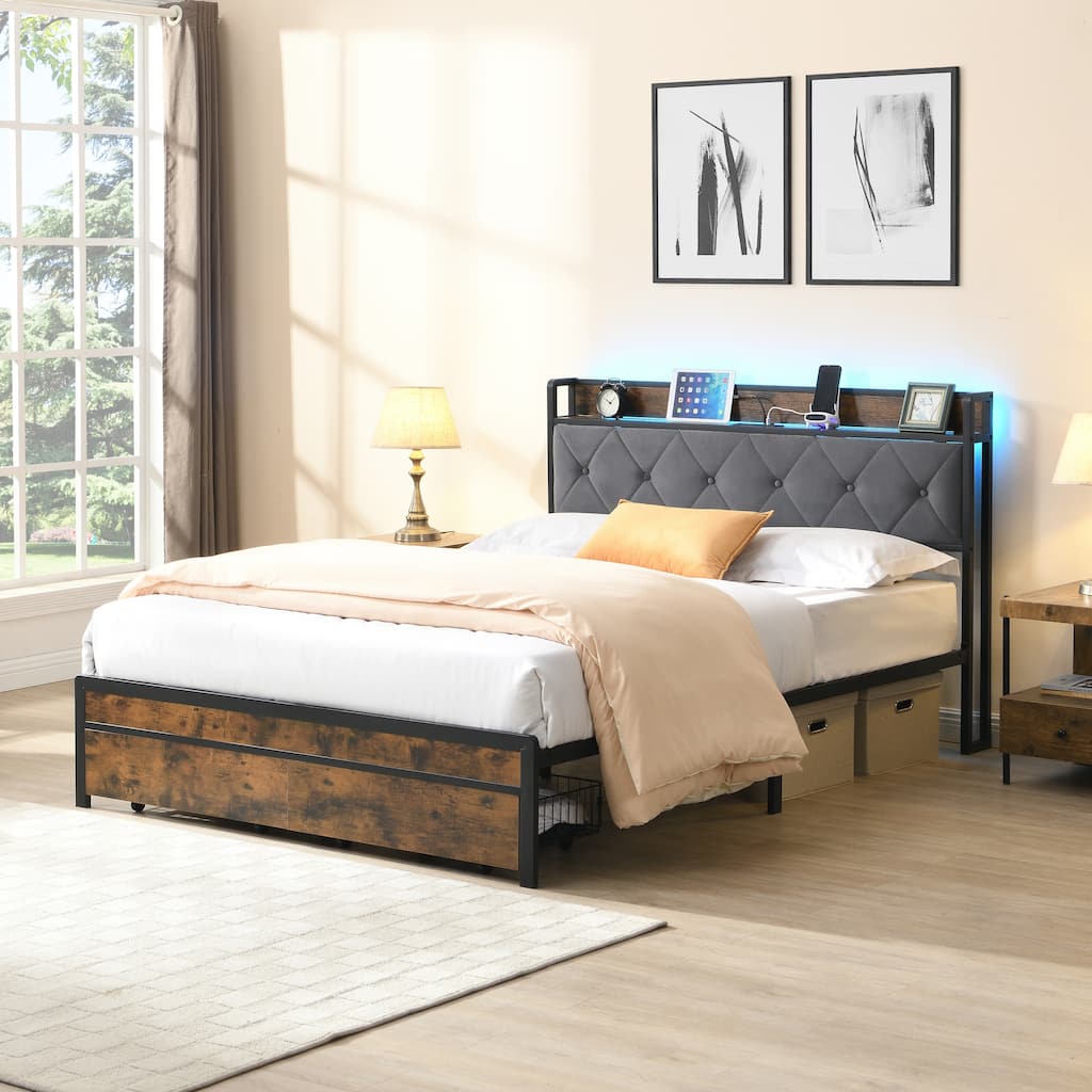 King Size Bed Frame with Storage, Metal Platform Bed Frame w/LED Lights Upholstered Headboard & Drawers and USB Charging Station