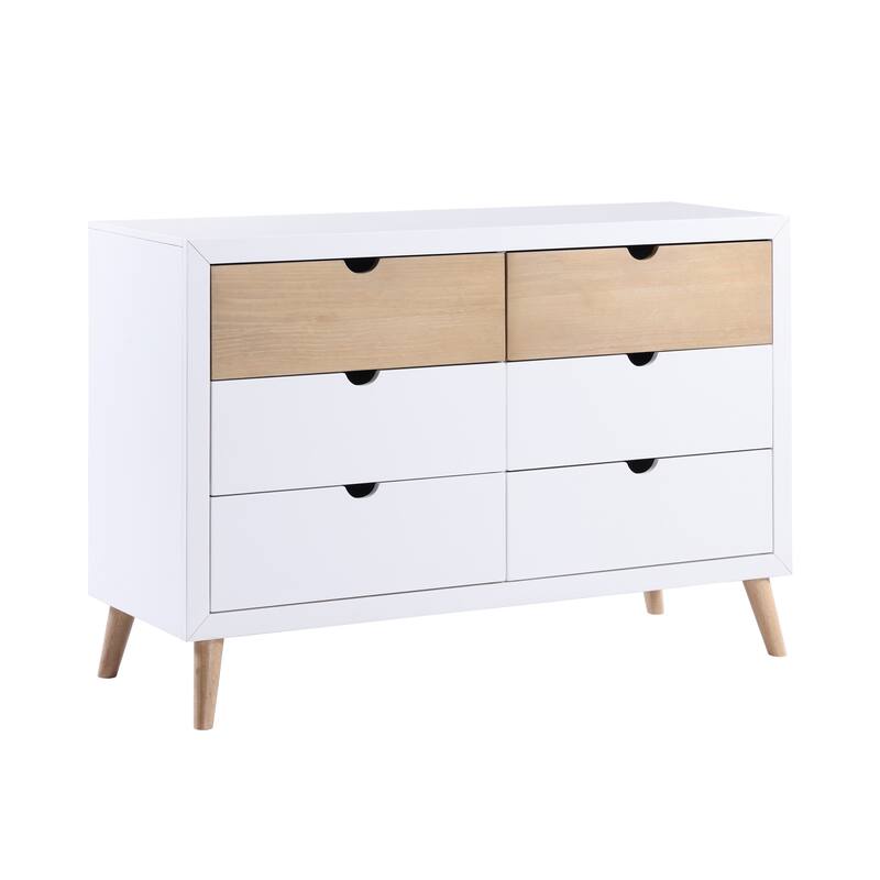 Kara 52 Inch Kids Dresser, 6 Drawers, Cutout Handles, White, Brown Wood