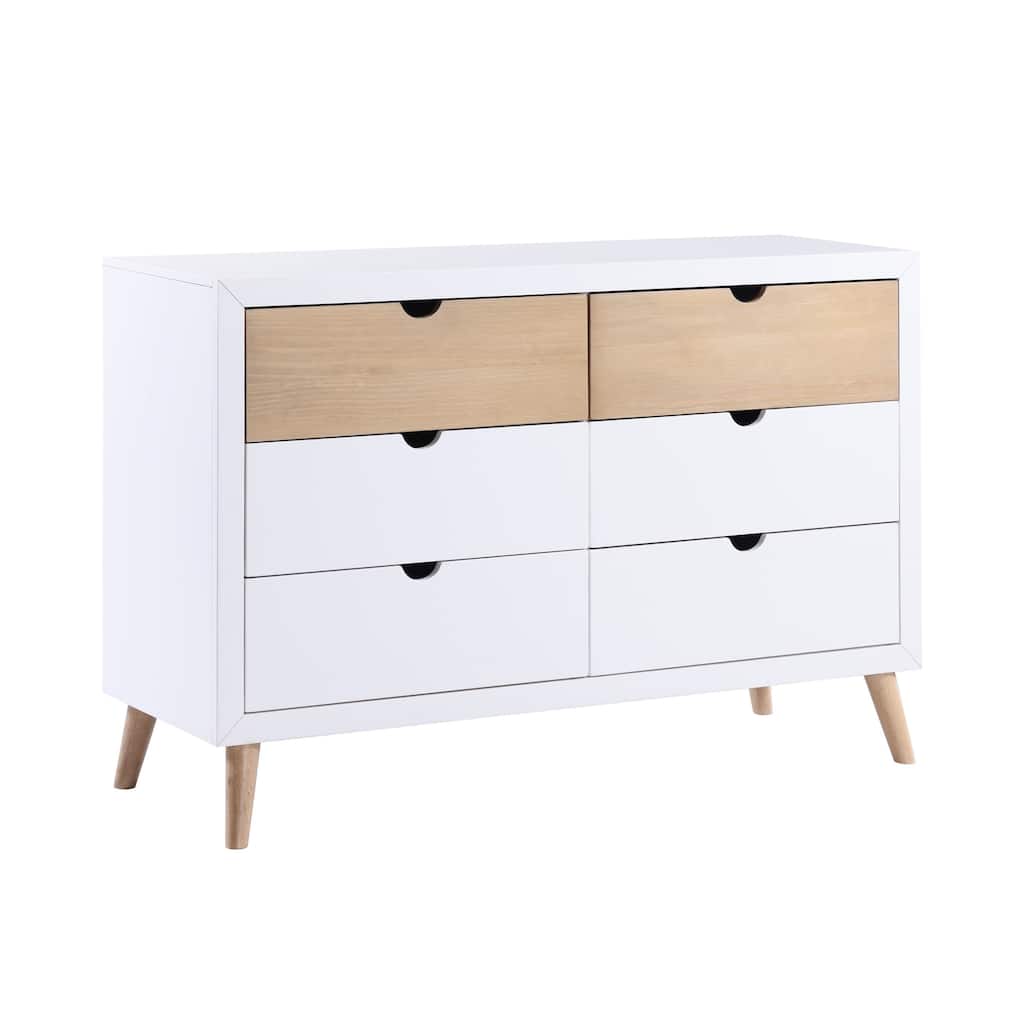 Kara 52 Inch Kids Dresser, 6 Drawers, Cutout Handles, White, Brown Wood