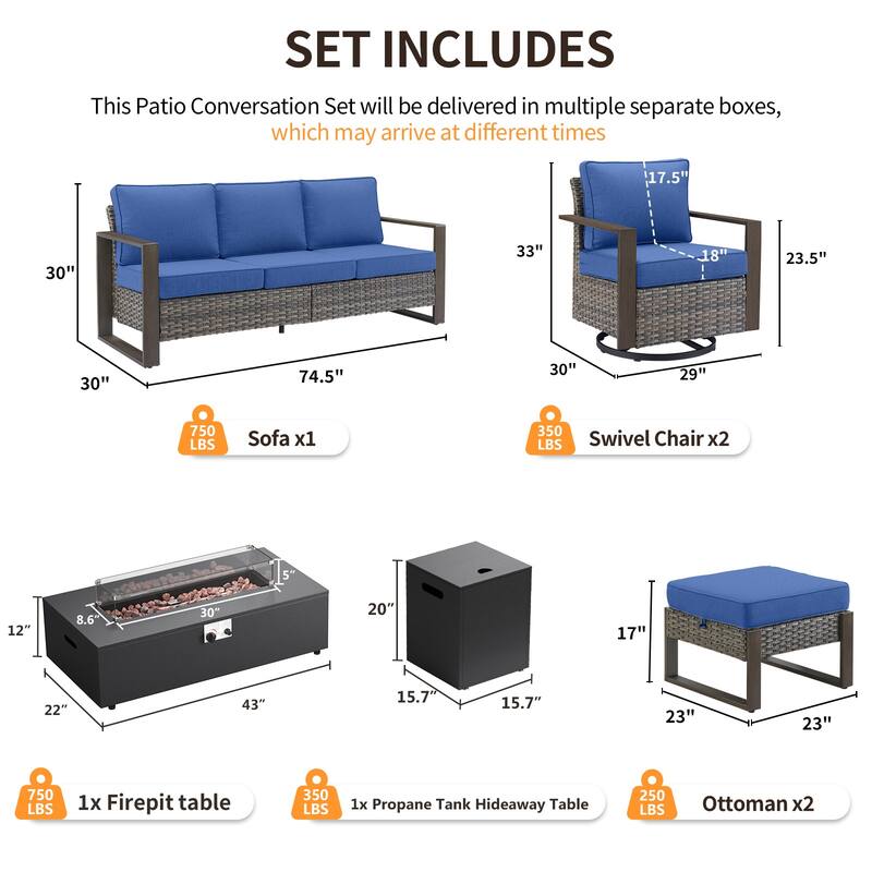 Pocassy 43 In Fire Pit w/ Outdoor Sofa Swivel Chair Ottoman Set