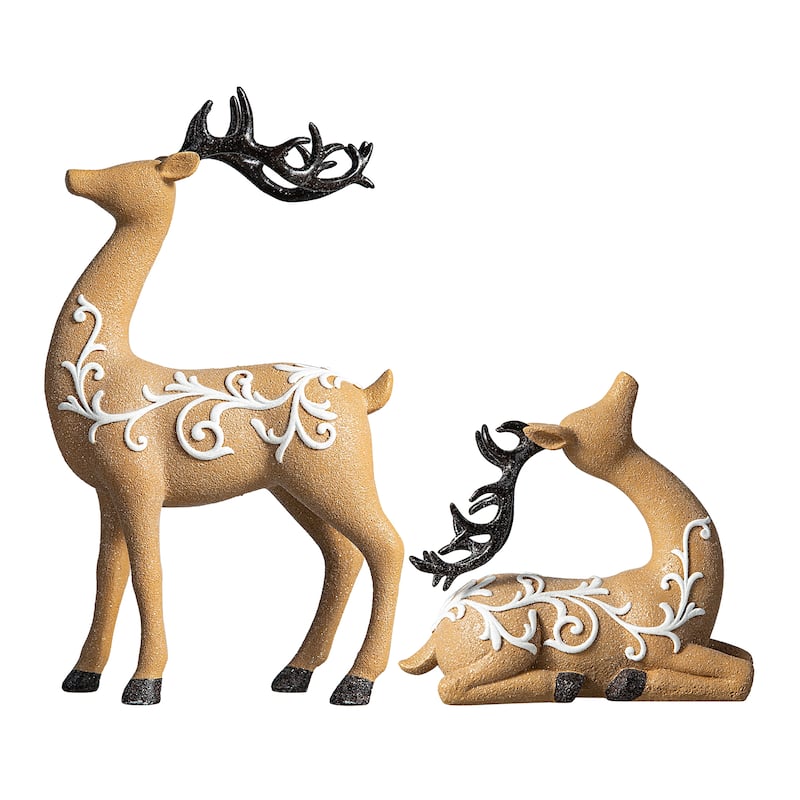 Glitzhome 11.75"L Set of 2 Resin Christmas Reindeer Table Decor