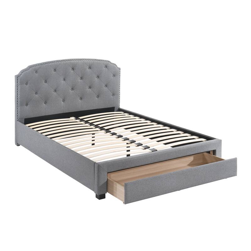 Light Grey Burlap Fabric 1pc Queen Size Bed w Drawer Button Tufted Headboard Storage Bedframe Bedroom Furniture - Light Gray